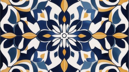 Fototapeta premium Colorful Geometric Pattern with Blue, White, Orange, and Yellow Motifs for Creative Design Use