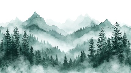 Obraz premium Green forest landscape in watercolor style, creating a serene and calming scene on a transparent background, perfect for nature lovers and minimalist design enthusiasts.