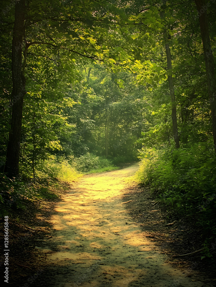 Aufkleber sunlit pathway through dense green forest in summer afternoon : generative ai