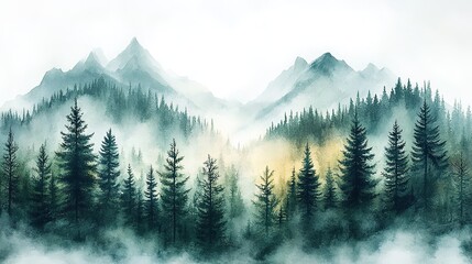 Fototapeta premium Green forest landscape in watercolor style, evoking tranquility and peace on a white background, perfect for nature lovers and minimalist design enthusiasts.