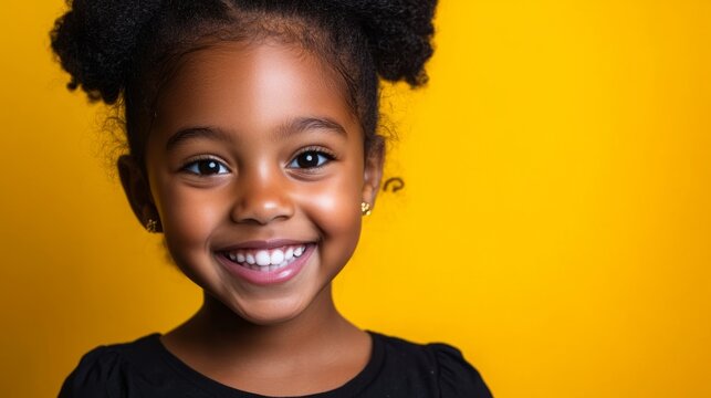 A joyful African-American girl’s bright smile radiates warmth and happiness.
