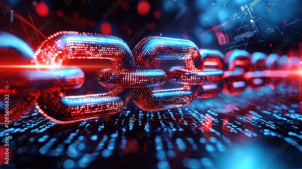 Poster glowing digital blockchain chain link network abstract background with neon lights futuristic tech t
