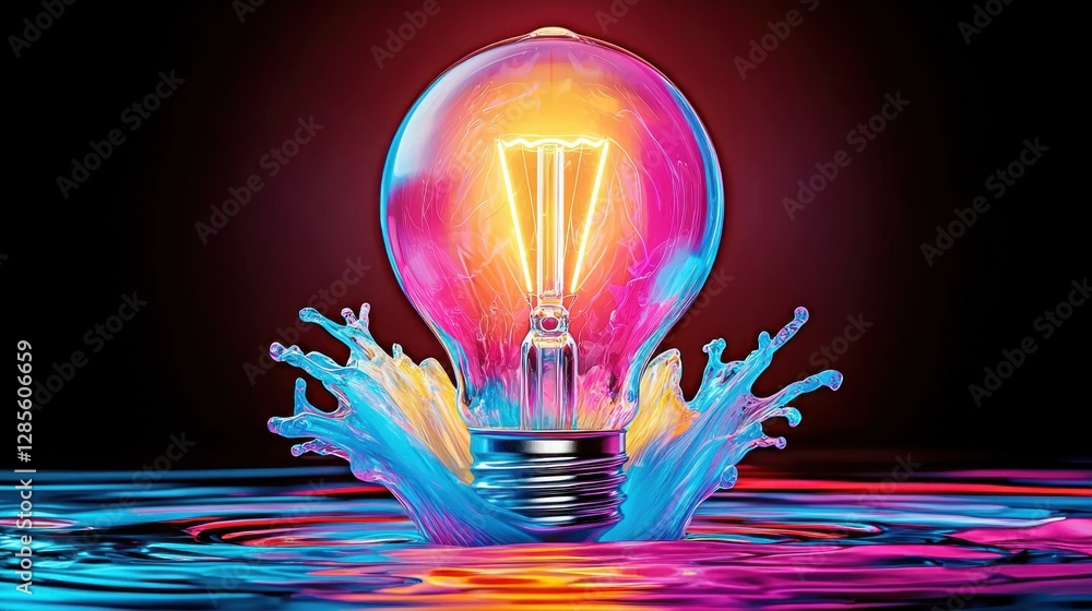 Poster glowing lightbulb bursting with vibrant multicolored liquid splash and reflection representing innov