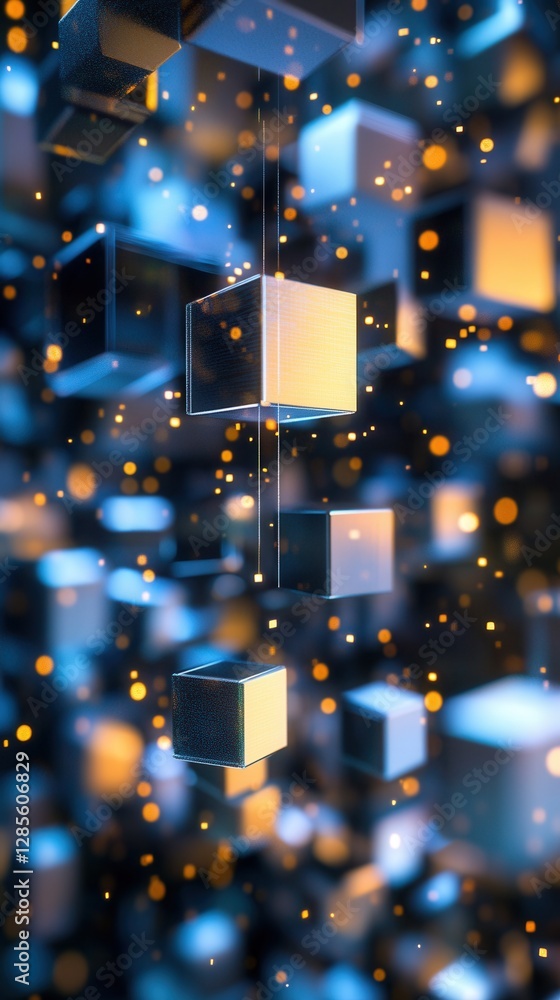 Poster abstract 3d cubes with glowing particles in a futuristic digital space environment