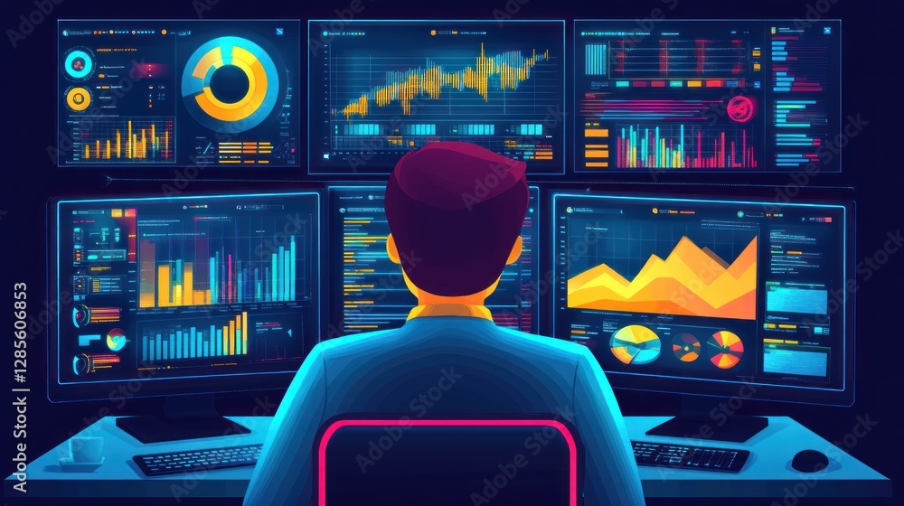 Poster data analyst working late at night, illuminated by glowing screens displaying complex financial data