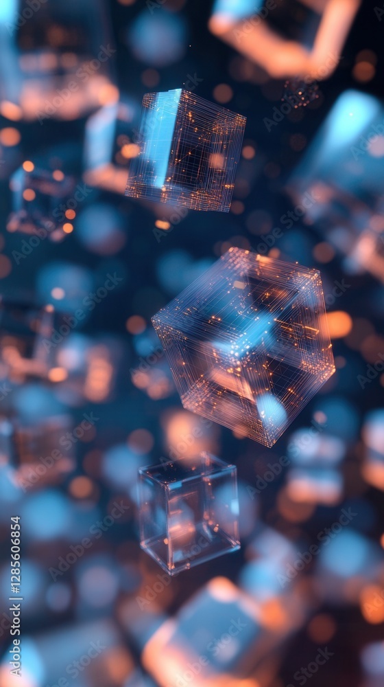 Poster abstract digital cubes and geometric shapes floating in a futuristic background with glowing effect