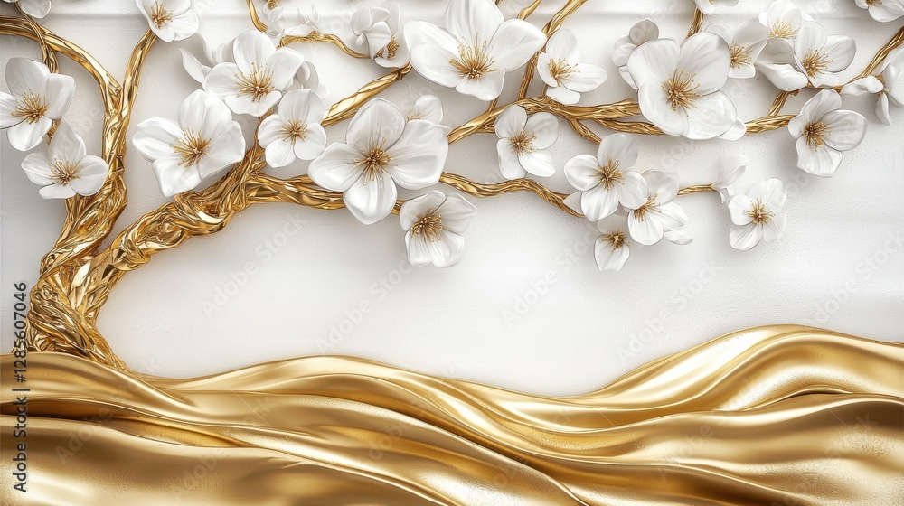 Poster mesmerizing golden flowers cascading over a shimmering ethereal backdrop creating a visually stunnin