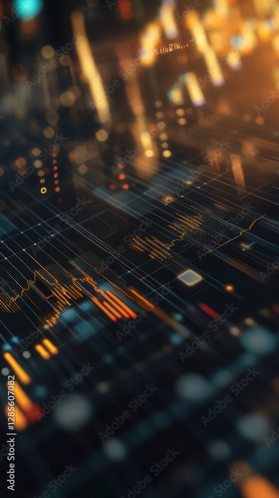 Poster abstract data visualization with colorful graphs and lights in a digital environment