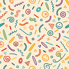 Seamless pattern with colorful abstract shapes and doodles on a beige background.