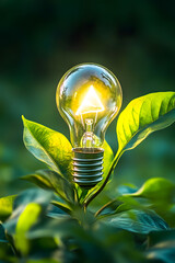 Eco-friendly LED Light Bulb Embraced by Vibrant Green Leaves in Conceptual Nature Setting : Generative AI