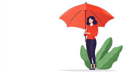 woman holding red umbrella stands among green leaves, exuding confidence and