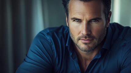 Obraz premium Modern businessman exudes confidence and professionalism in a deep blue shirt. 