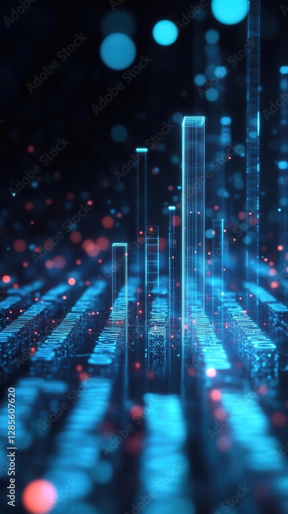 Poster abstract futuristic data visualization with glowing blue and red elements on a dark background