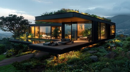 Stunning eco friendly modern glass house nestled in a lush mountain landscape offering panoramic views and a harmonious blend of indoor outdoor living  This contemporary