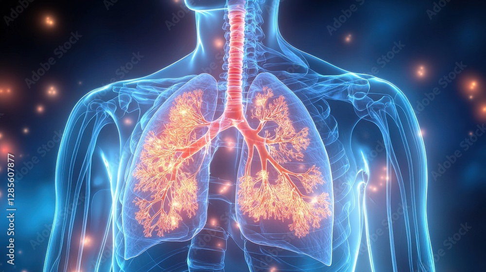 Poster detailed 3d digital rendering of the human lungs and respiratory system anatomy showcasing the intri