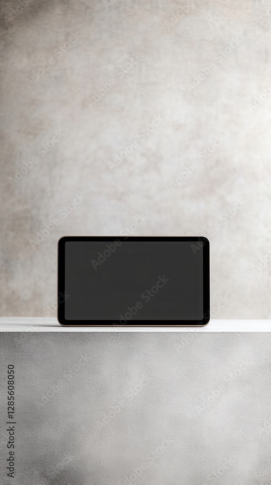 Poster minimalist display of blank tablet on simple surface with textured background