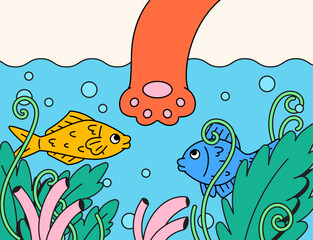 Obraz premium Cat hand reaching fish in underwater cartoon illustration vector hand drawn