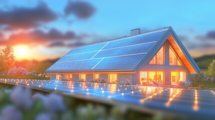 Obraz premium Sustainable solar powered home set against a picturesque rural landscape with solar panels on the roof capturing the warm glow of the setting sun The energy efficient