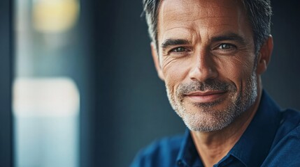 Modern businessman exudes confidence and professionalism in a deep blue shirt.
