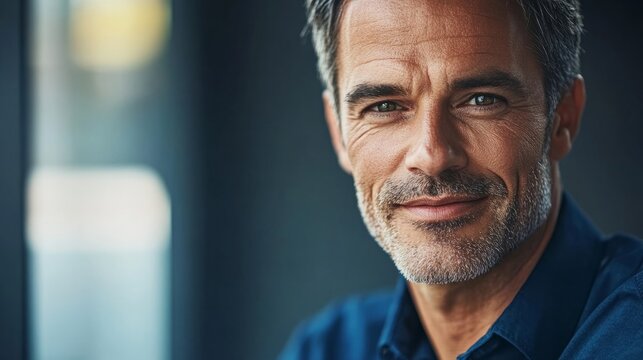 Modern businessman exudes confidence and professionalism in a deep blue shirt.
