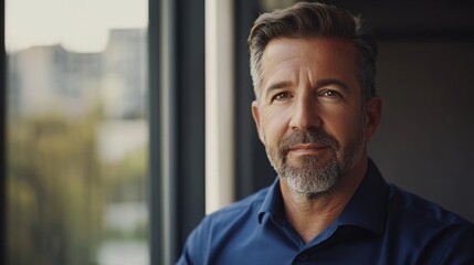 Modern businessman exudes confidence and professionalism in a deep blue shirt.
