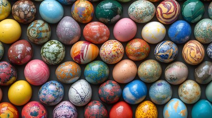Colorful painted eggs on dark surface