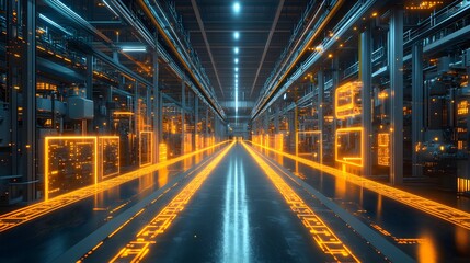 Digital twin of a modern factory, 3D-rendered industrial environment with AR-enhanced analytics