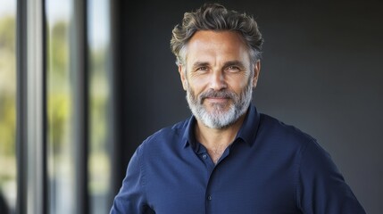 Modern businessman exudes confidence and professionalism in a deep blue shirt.
