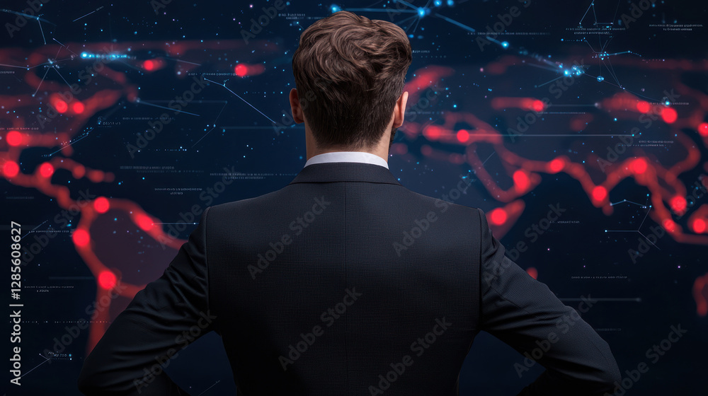 Poster businessman analyzing global data with holographic interface, deep in thought