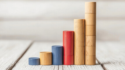Building blocks in various colors create bar graph on wooden surface, symbolizing growth and progress