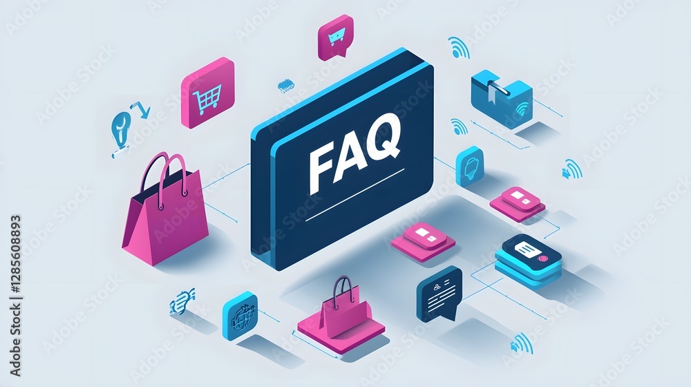 Wall mural Modern FAQ Design with Floating E-commerce Icons Concept