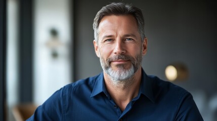 Modern businessman exudes confidence and professionalism in a deep blue shirt.
