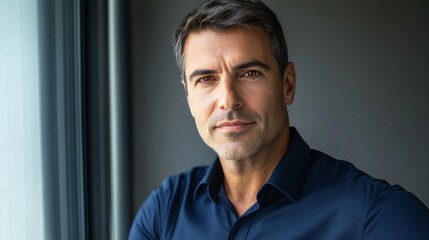 Fototapeta premium Modern businessman exudes confidence and professionalism in a deep blue shirt. 