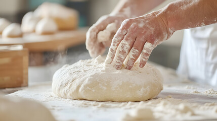 Obraz premium Hands Kneading Dough in Artisan Bakery for Fresh Bread Preparation : Generative AI