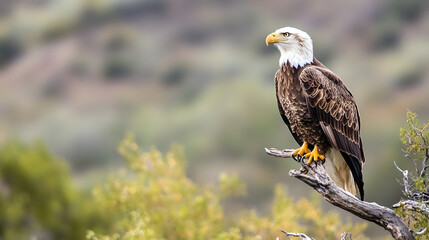 Majestic bald eagle perched on a branch surveying its natural landscape in a serene wilderness setting : Generative AI
