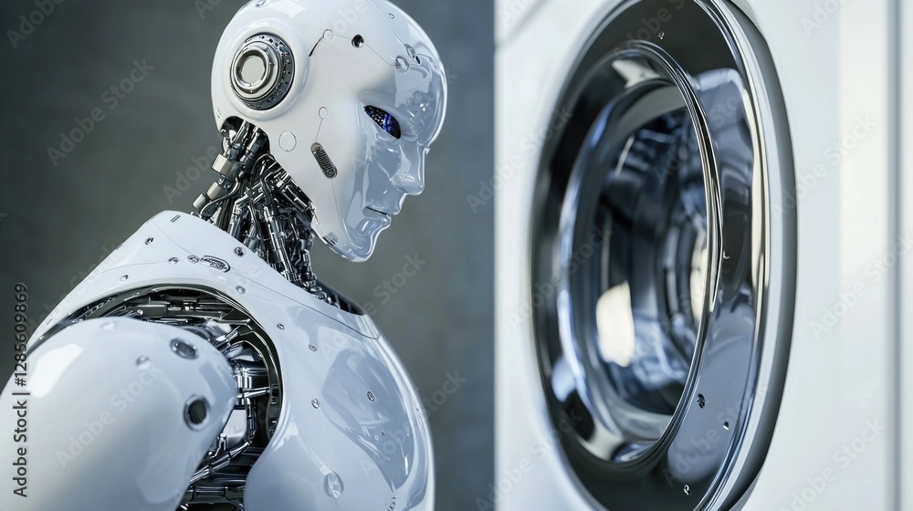 Poster android robot efficiently washes laundry in modern home environment