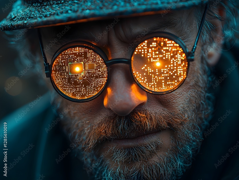 Poster curious inventor closely inspecting glowing microchip on clean white backdrop