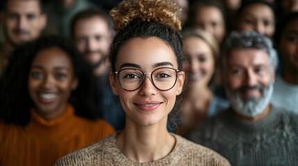 Fototapeta premium Diverse Group Portrait with Smiling Woman in Front, Celebrating Community and Connection in Modern Settings