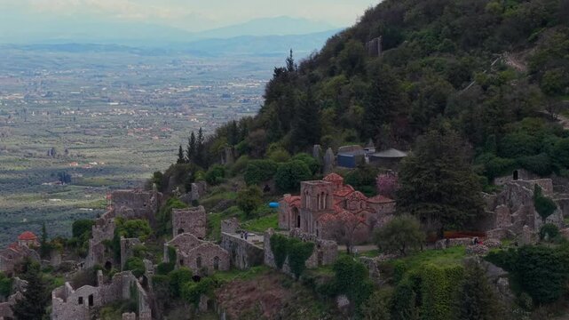 Aerial view on Mystras or Mistras is a fortified town and a former municipality in Laconia, Peloponnese, Greece. Situated on Mt. Taygetus, above ancient Sparta.