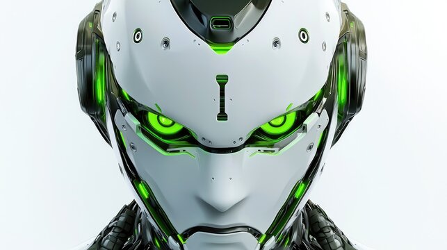 Evil robot with glowing green eyes showcases an ominous design in a futuristic setting
