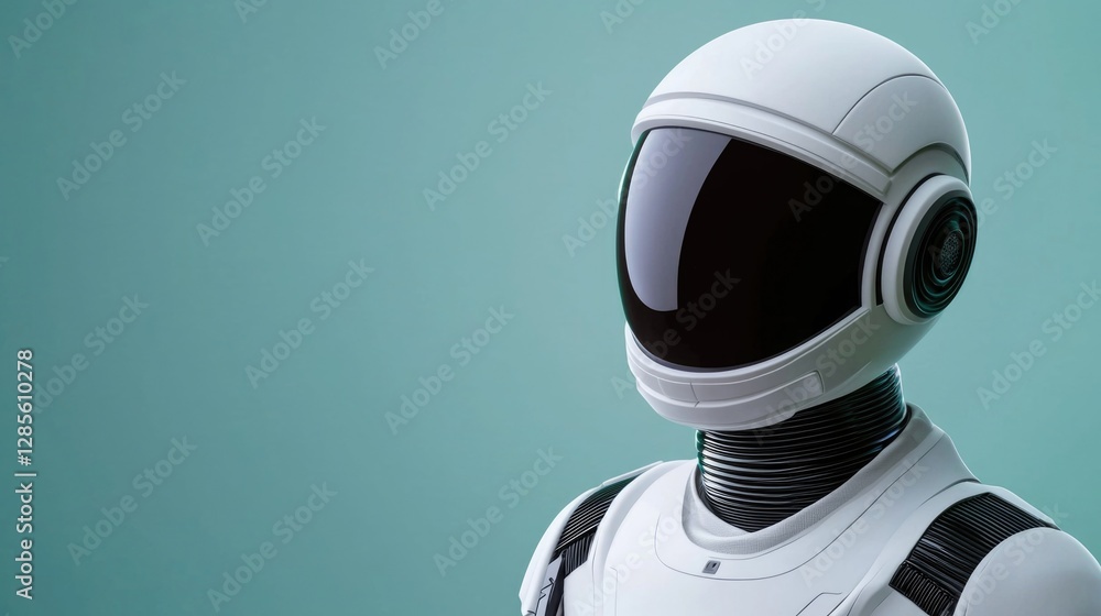 Poster robot portrait showcases futuristic design on a plain background with sleek features