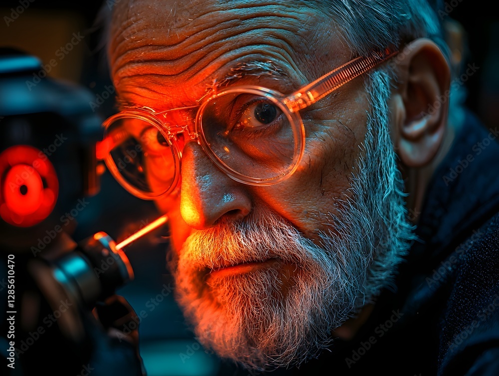 Poster meticulous inventor utilizing glowing laser tools to carve designs on a metallic prototype in a whit