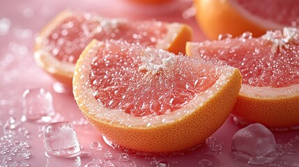 Half slices of grapefruit with ice cubes and water drops are placed on a pastel pink background with copyspace on the left.