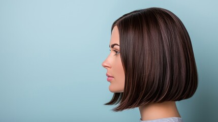 Sleek dark mahogany bob cut hair against a minimalist grey background in side view