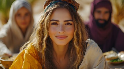 Authentic outdoor portrait of diverse people sharing a meal, natural setting, inclusive cultural representation, copy space