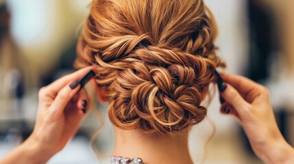 Fototapeta premium Blonde woman receiving a stylish hair makeover at a trendy salon with professional hairstylist.