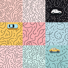 six squares, each with a unique color and design, and features a small yellow car and a white car in the center.