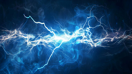 Dynamic blue lightning strikes across a dark background, creating an electrifying atmosphere