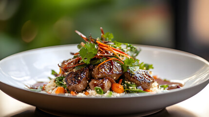Exquisite Meatballs on a Bed of Rice with Fresh Vegetables for a Culinary Delight : Generative AI