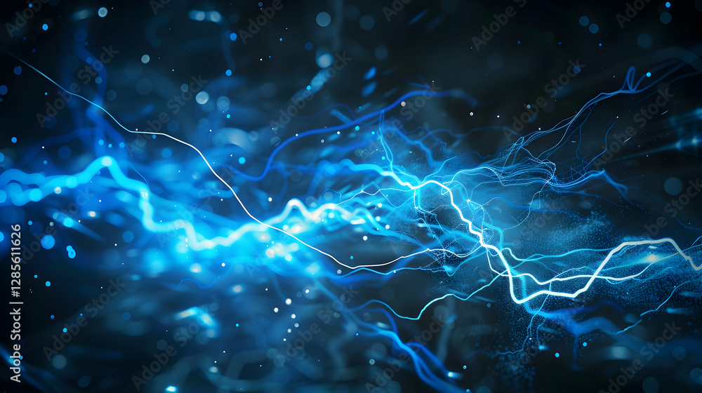 Poster dynamic blue lightning bolts illuminating a dark background with shimmering particles, ideal for tec